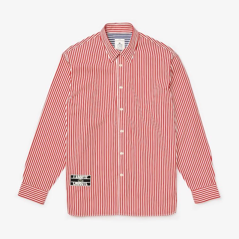 Lacoste LIVE Boxy-Fit Striped Pamuklu Shirt Beyaz Kırmızı | Yr5eZH3M