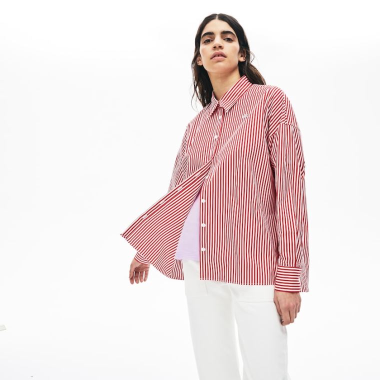 Lacoste LIVE Boxy-Fit Striped Pamuklu Shirt Beyaz Kırmızı | wQDn5jBR