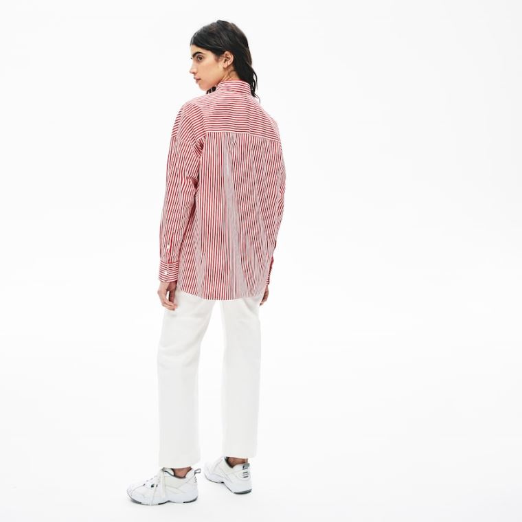 Lacoste LIVE Boxy-Fit Striped Pamuklu Shirt Beyaz Kırmızı | wQDn5jBR