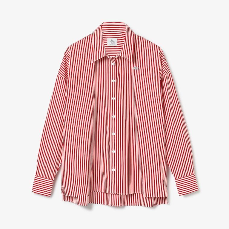 Lacoste LIVE Boxy-Fit Striped Pamuklu Shirt Beyaz Kırmızı | wQDn5jBR