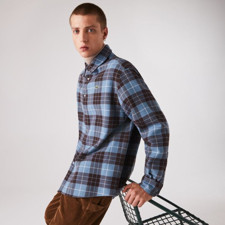 Lacoste LIVE Checked Flannel Astar Oversized Shirt Mavi Kahverengi | R1U4lE53