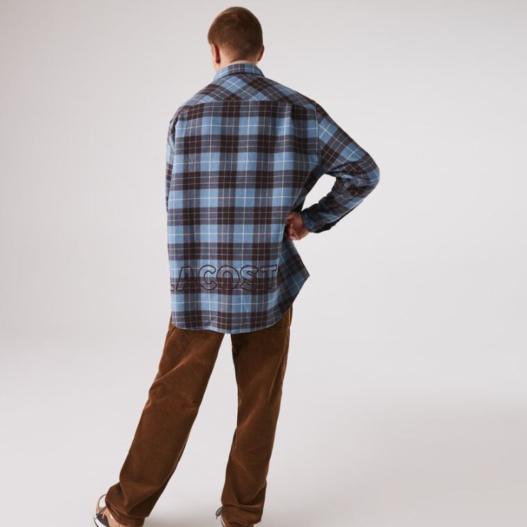 Lacoste LIVE Checked Flannel Astar Oversized Shirt Mavi Kahverengi | R1U4lE53