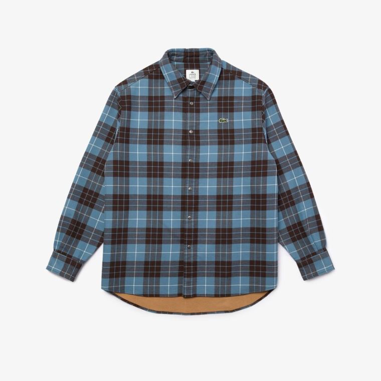 Lacoste LIVE Checked Flannel Astar Oversized Shirt Mavi Kahverengi | R1U4lE53