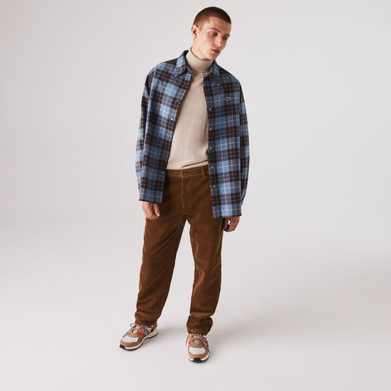 Lacoste LIVE Checked Flannel Astar Oversized Shirt Mavi Kahverengi | R1U4lE53