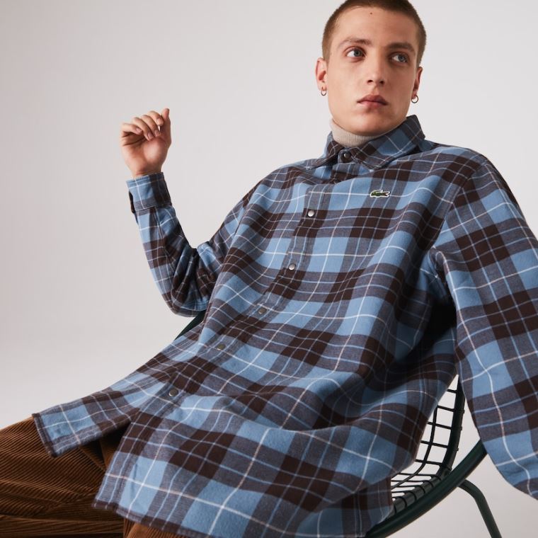 Lacoste LIVE Checked Flannel Astar Oversized Shirt Mavi Kahverengi | R1U4lE53