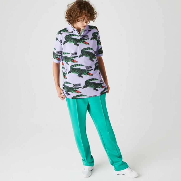 Lacoste LIVE Chinatown Market Collaboration Loose Fit Polo Shirt Mor Beyaz | tdbfLvbd