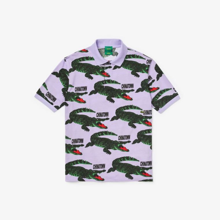 Lacoste LIVE Chinatown Market Collaboration Loose Fit Polo Shirt Mor Beyaz | tdbfLvbd