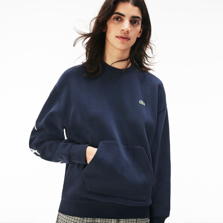 Lacoste LIVE Crew Neck Embroidered Fleece Sweatshirt Mavi Beyaz | RcUlRGoC