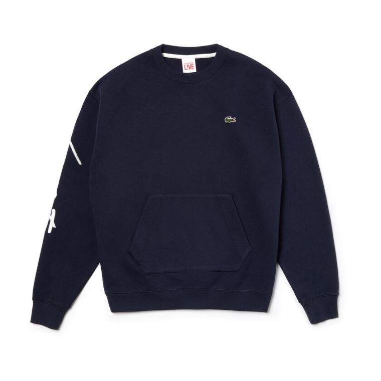 Lacoste LIVE Crew Neck Embroidered Fleece Sweatshirt Mavi Beyaz | RcUlRGoC