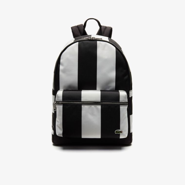 Lacoste LIVE Detachable Pouch Striped Backpack Siyah Beyaz | nVjLXi7K