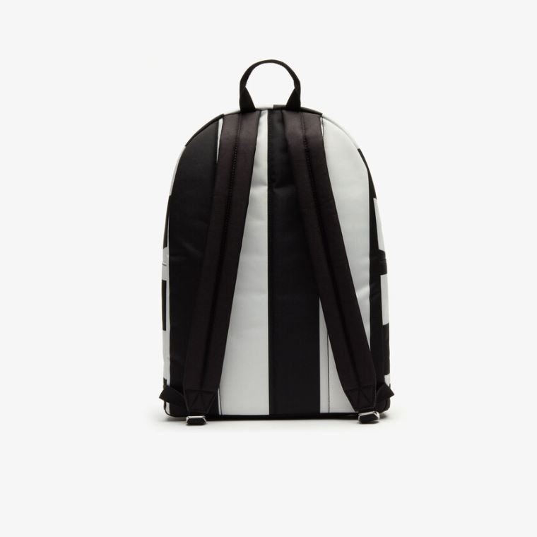 Lacoste LIVE Detachable Pouch Striped Backpack Siyah Beyaz | nVjLXi7K