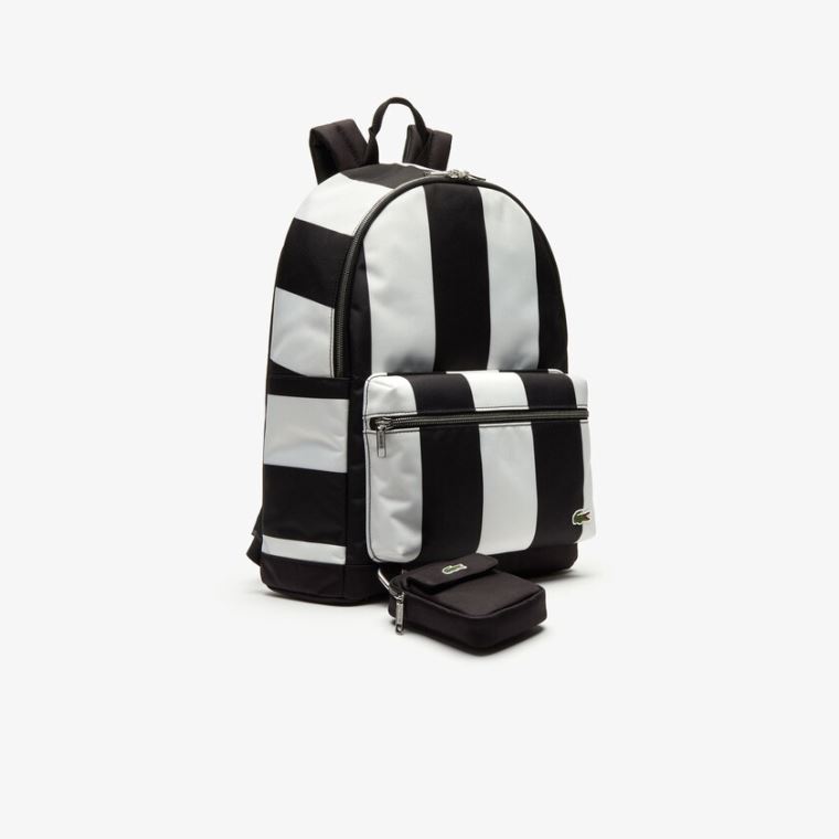 Lacoste LIVE Detachable Pouch Striped Backpack Siyah Beyaz | nVjLXi7K