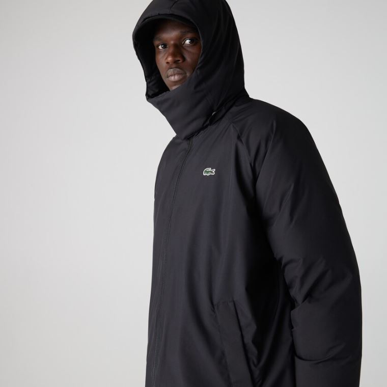 Lacoste LIVE Kukuletalı Su-Repellent Oversized Coat Siyah | T2B7KVkH