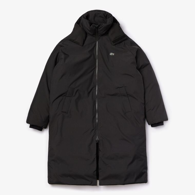 Lacoste LIVE Kukuletalı Su-Repellent Oversized Coat Siyah | T2B7KVkH