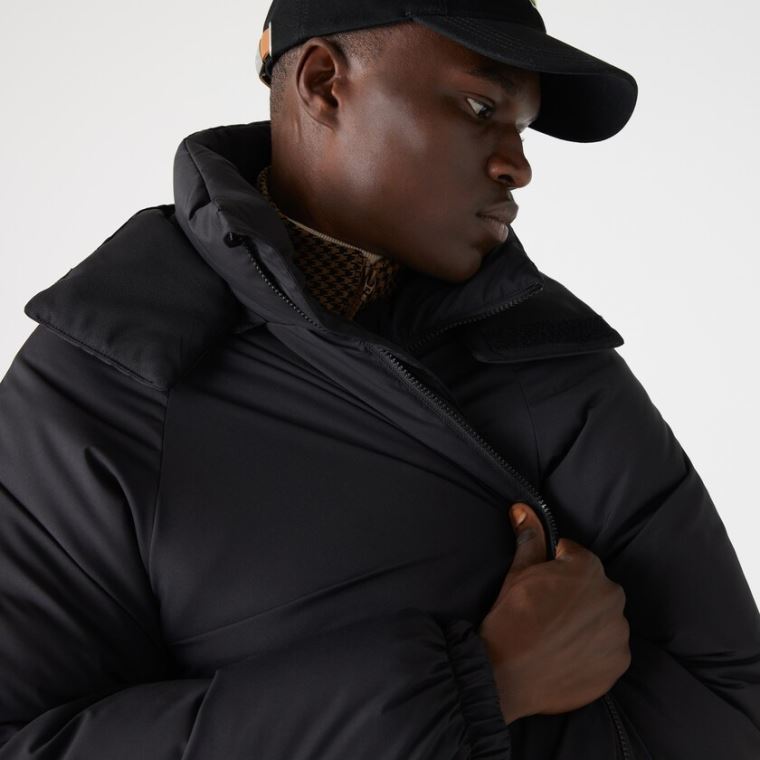 Lacoste LIVE Kukuletalı Su-Repellent Oversized Coat Siyah | T2B7KVkH