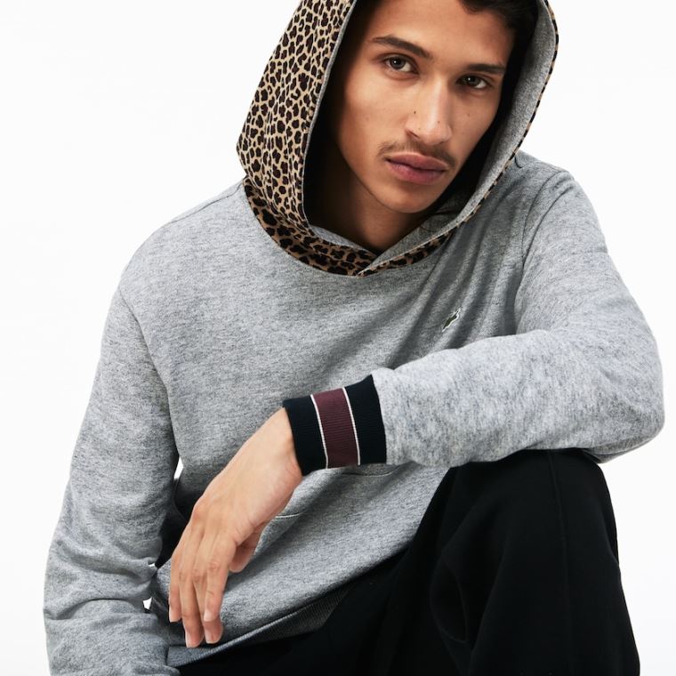 Lacoste LIVE Leopard Print Hood Fleece Sweatshirt Gri Beyaz | NoynSJEn