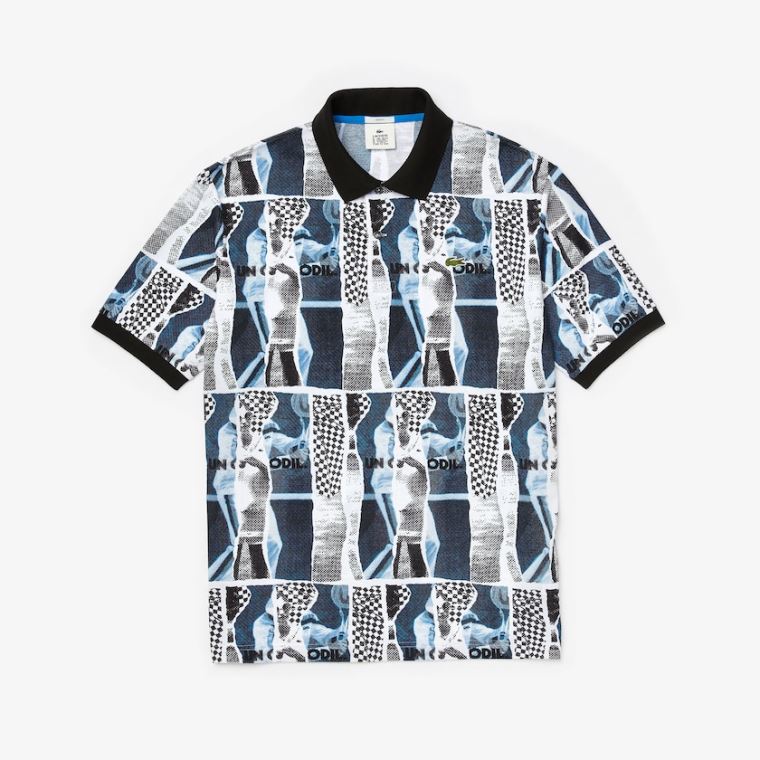 Lacoste LIVE Loose Fit Graphic Print Pamuklu Polo Shirt Beyaz Mavi Beyaz | dkh1ayUM