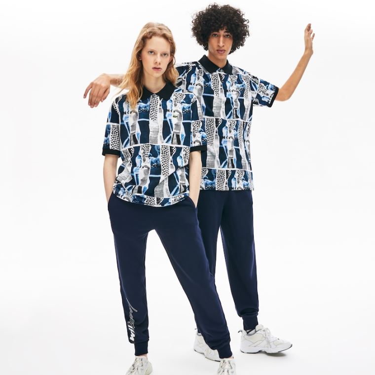 Lacoste LIVE Loose Fit Graphic Print Pamuklu Polo Shirt Beyaz Mavi Beyaz | dkh1ayUM