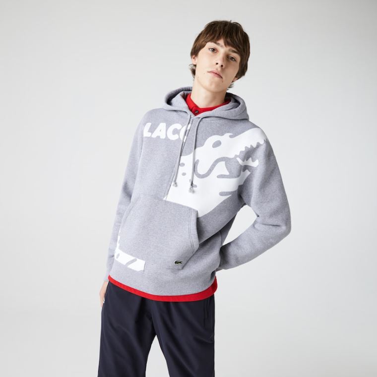 Lacoste LIVE Loose Fit Kukuletalı Print Fleece Sweatshirt Gri Beyaz | WEufjSX6