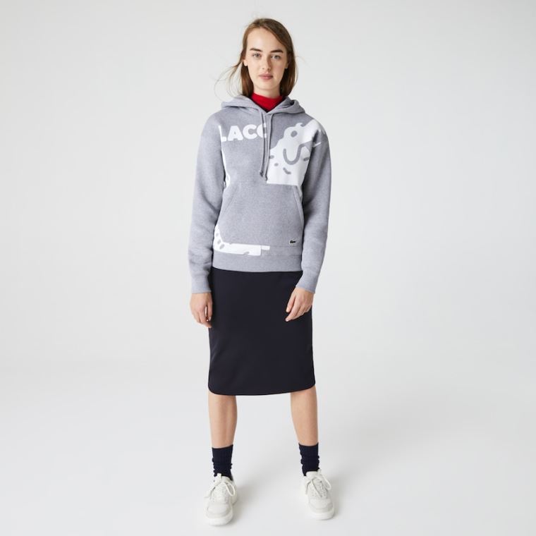 Lacoste LIVE Loose Fit Kukuletalı Print Fleece Sweatshirt Gri Beyaz | WEufjSX6