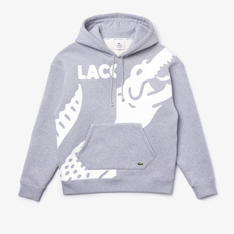 Lacoste LIVE Loose Fit Kukuletalı Print Fleece Sweatshirt Gri Beyaz | WEufjSX6