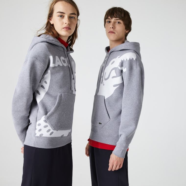 Lacoste LIVE Loose Fit Kukuletalı Print Fleece Sweatshirt Gri Beyaz | WEufjSX6