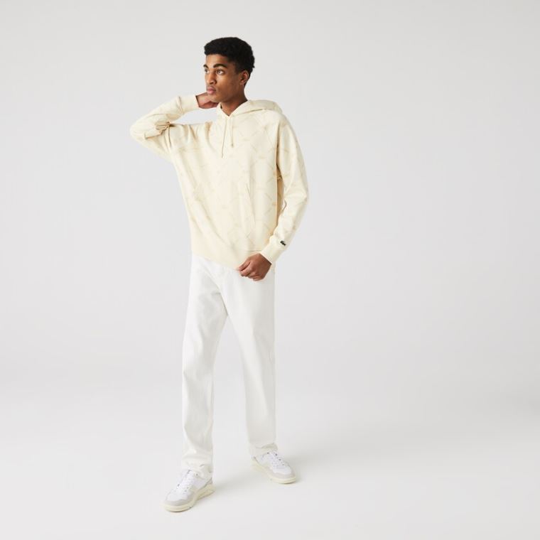 Lacoste LIVE Relaxed Fit Kukuletalı Monogram Pamuklu Sweatshirt Bej Rengi | rNOoxi5w