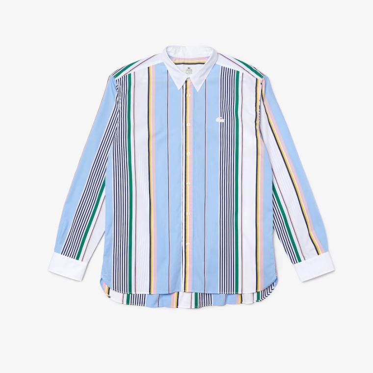 Lacoste LIVE Relaxed Fit Mismatched-Stripe Pamuklu Shirt Mavi Beyaz | bPKBDI5B