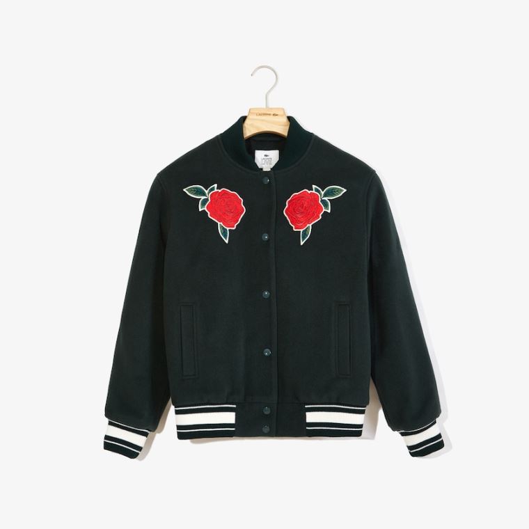 Lacoste LIVE Rose-Embroidered Varsity Jacket Yeşil | VOTYoCnX