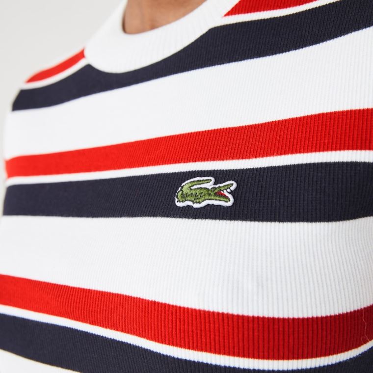 Lacoste LIVE Striped Pamuklu Ribbed T-Shirt Elbise Beyaz Lacivert Mavi Kırmızı | EmVi2OPP