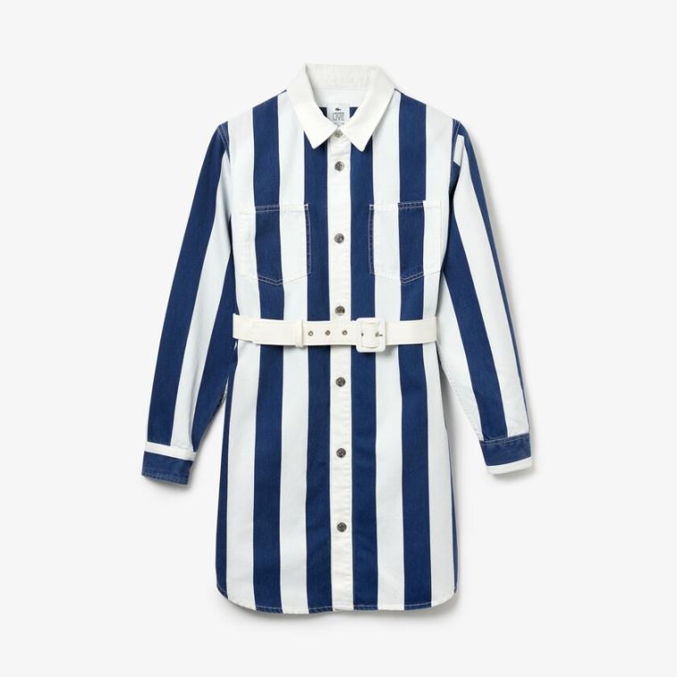 Lacoste LIVE Striped Pamuklu Shirtdress Beyaz Lacivert Mavi | KDJynGCE