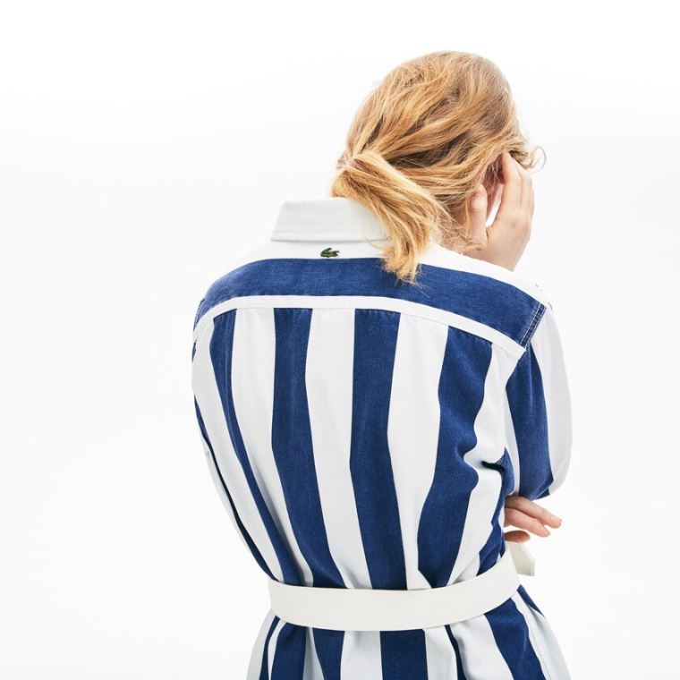 Lacoste LIVE Striped Pamuklu Shirtdress Beyaz Lacivert Mavi | KDJynGCE