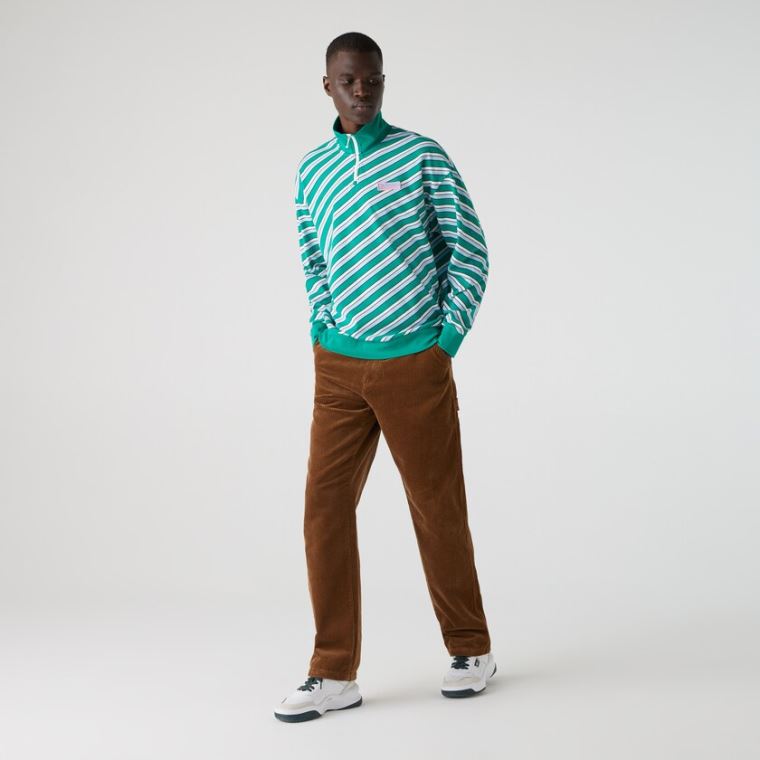 Lacoste LIVE Striped Stand-Up Collar Pamuklu Sweatshirt Yeşil Beyaz | 5GqI4uEp