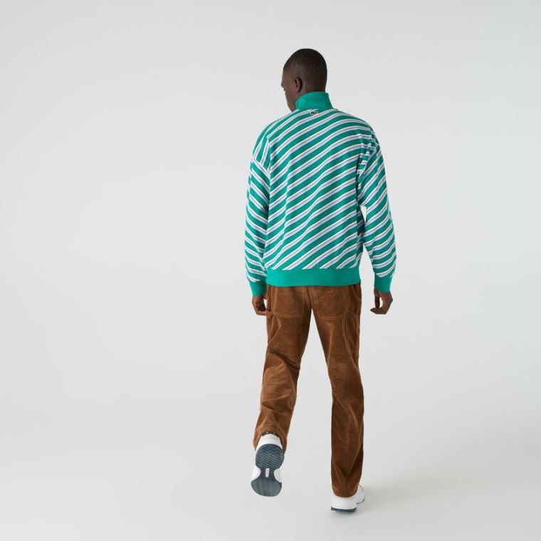 Lacoste LIVE Striped Stand-Up Collar Pamuklu Sweatshirt Yeşil Beyaz | 5GqI4uEp