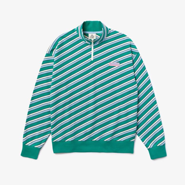 Lacoste LIVE Striped Stand-Up Collar Pamuklu Sweatshirt Yeşil Beyaz | 5GqI4uEp