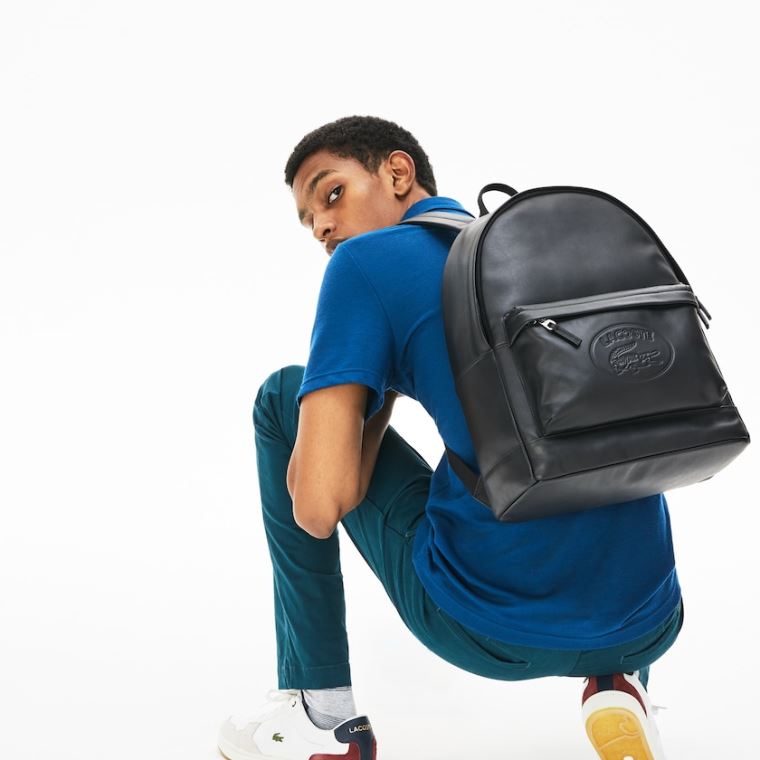 Lacoste L.12.12 Gündelik Embossed Lettering Deri Backpack Siyah | qUHwytO9