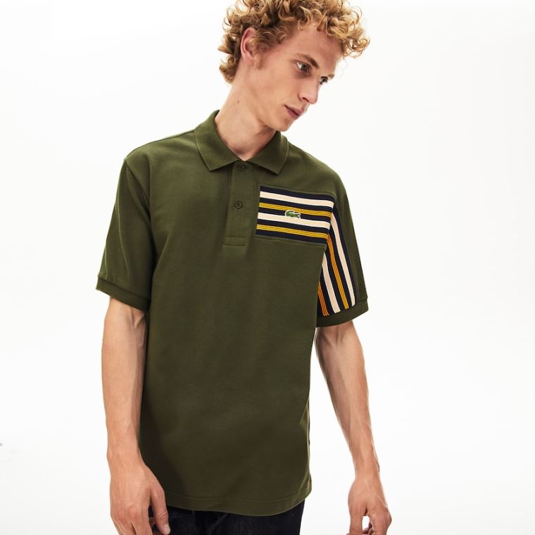 Lacoste L.12.12 Off-Center Stripe Pamuklu Piqué Polo Haki Yeşil | dMnEvdBl