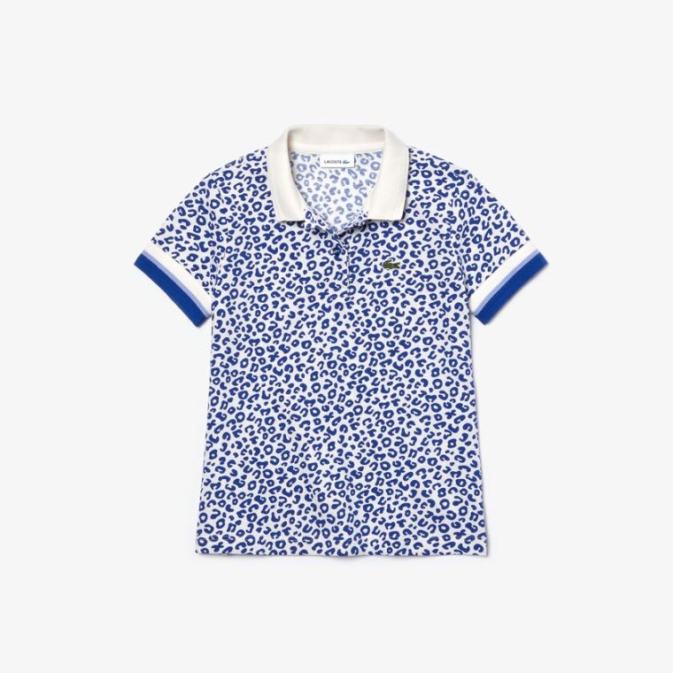 Lacoste Leopard Print Pamuklu Petit Piqué Polo Beyaz Mavi | Utu8aZXm