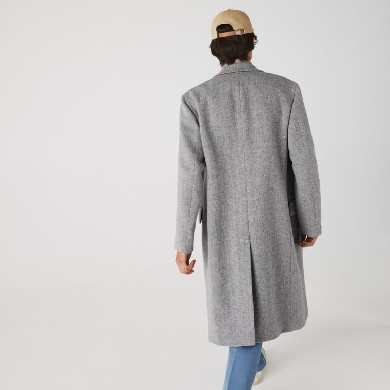 Lacoste Long Double-Breasted Herringbone Wool Coat Beyaz Gri | D8Mf51rw