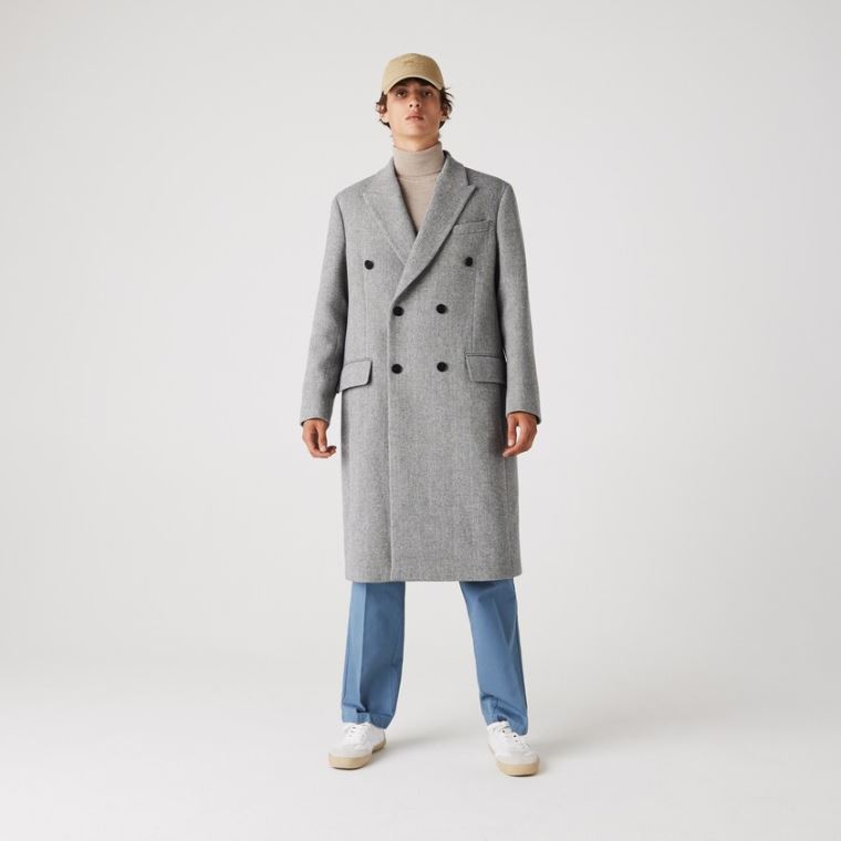 Lacoste Long Double-Breasted Herringbone Wool Coat Beyaz Gri | D8Mf51rw