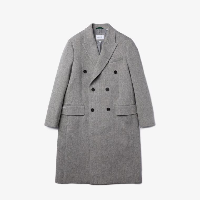 Lacoste Long Double-Breasted Herringbone Wool Coat Beyaz Gri | D8Mf51rw