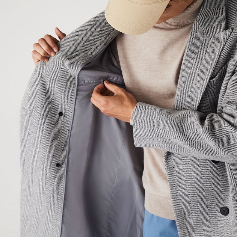 Lacoste Long Double-Breasted Herringbone Wool Coat Beyaz Gri | D8Mf51rw