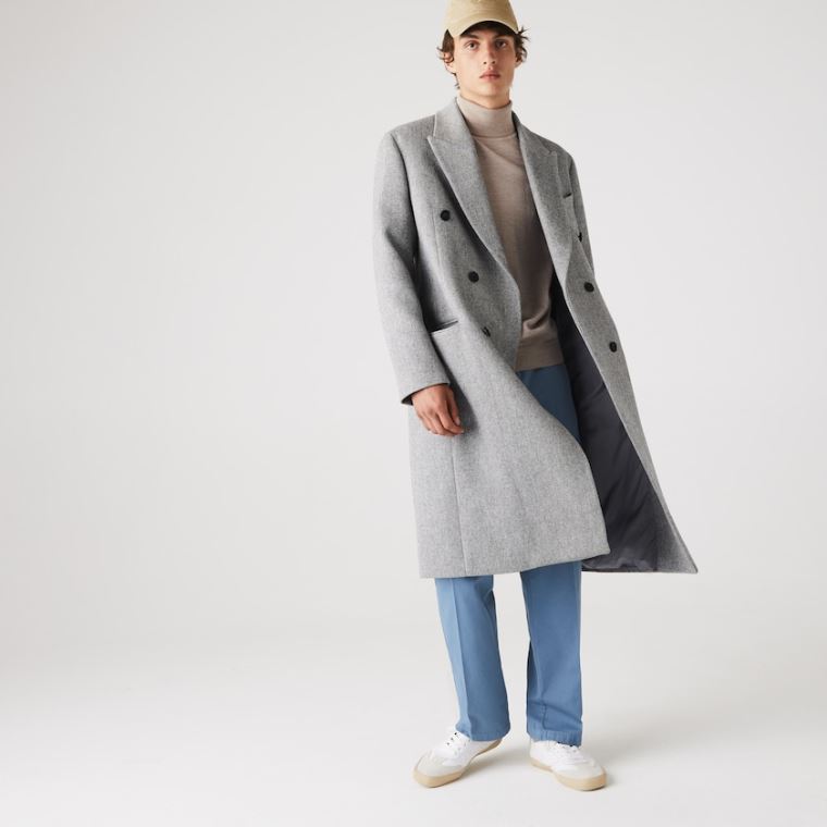 Lacoste Long Double-Breasted Herringbone Wool Coat Beyaz Gri | D8Mf51rw