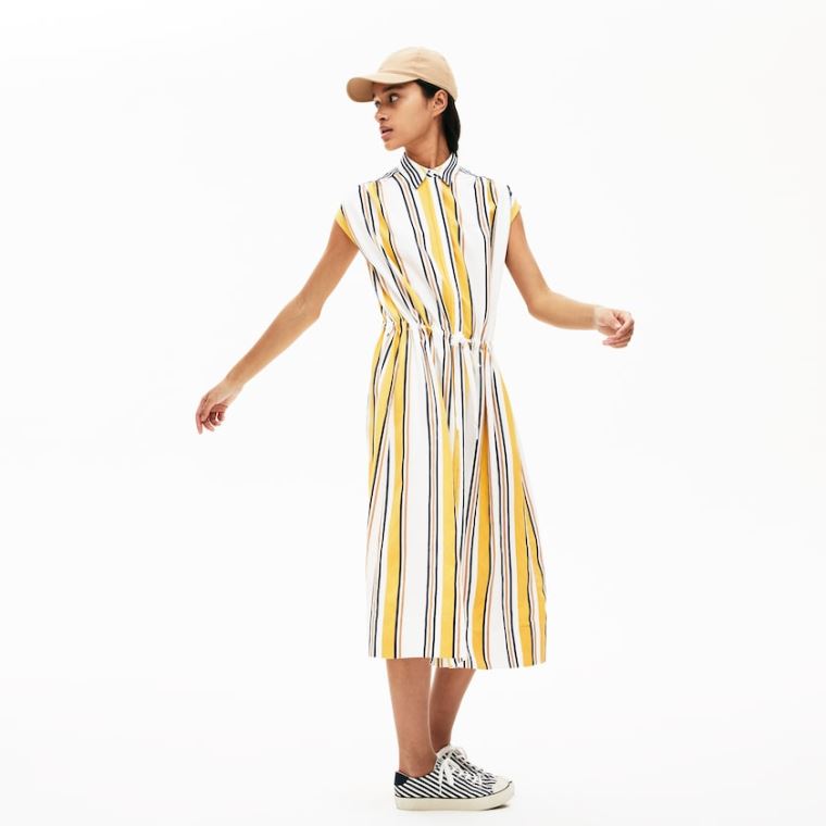 Lacoste Long Striped Shirtdress Beyaz Lacivert Mavi Sarı Açık Kahverengi | ea8ii3bU