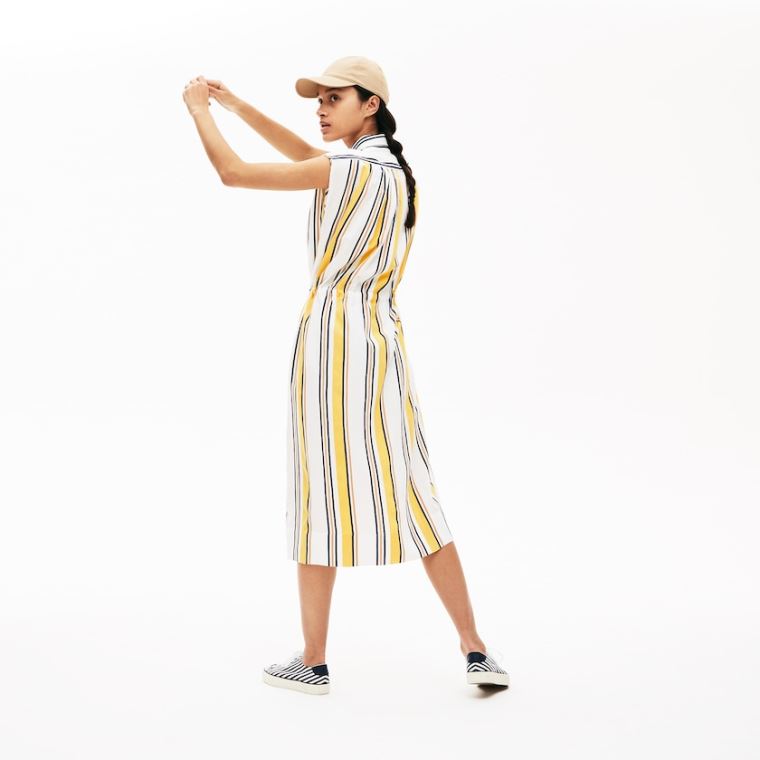 Lacoste Long Striped Shirtdress Beyaz Lacivert Mavi Sarı Açık Kahverengi | ea8ii3bU