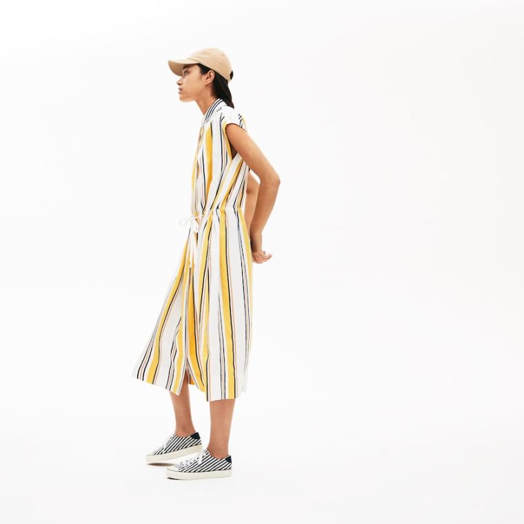 Lacoste Long Striped Shirtdress Beyaz Lacivert Mavi Sarı Açık Kahverengi | ea8ii3bU