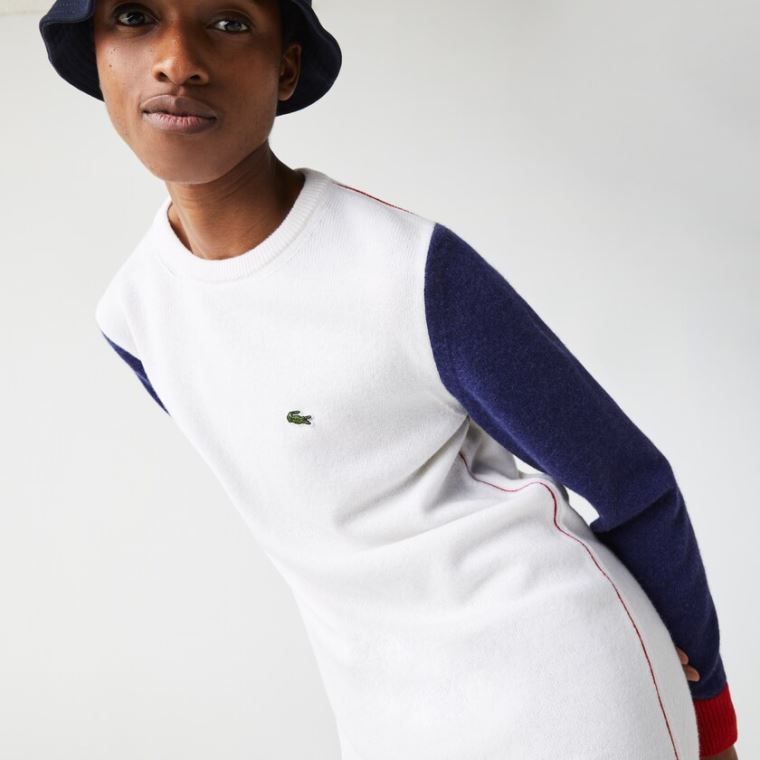 Lacoste Made In France Tricolour Wool Kazak Elbise Beyaz Mavi Kırmızı | GK2WP1rf