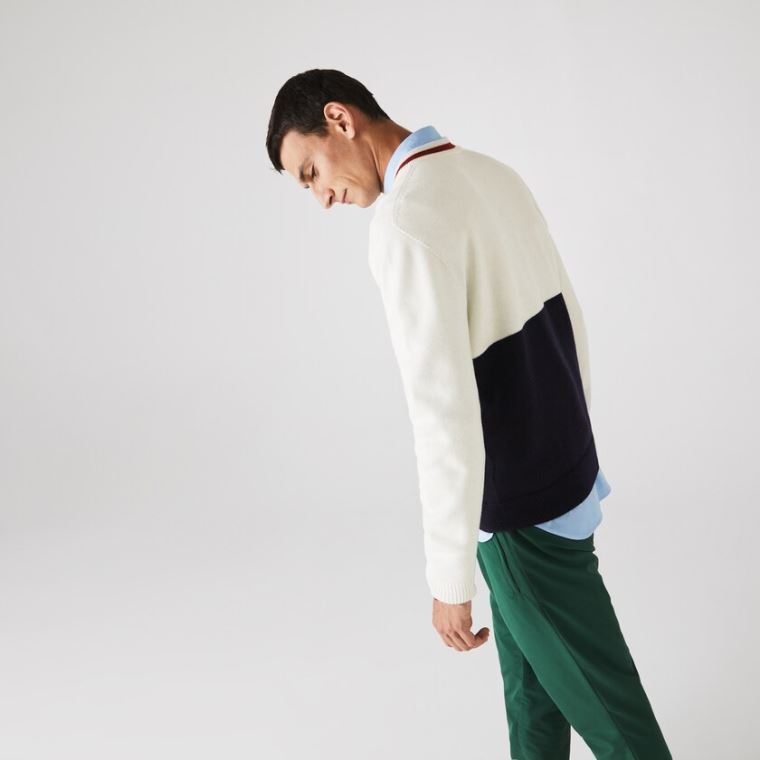 Lacoste Made in France Two-Tone Wool V-Neck Kazak Lacivert Mavi Beyaz Koyu Kırmızı | jPPSmGhu