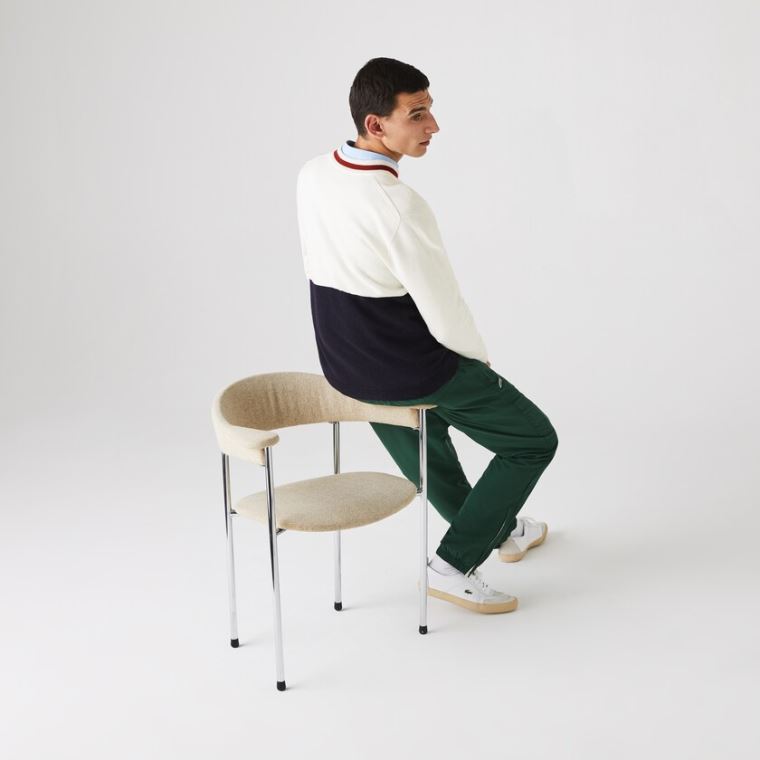 Lacoste Made in France Two-Tone Wool V-Neck Kazak Lacivert Mavi Beyaz Koyu Kırmızı | jPPSmGhu