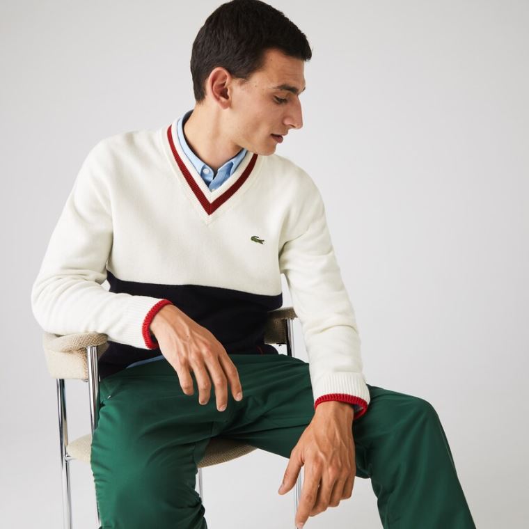 Lacoste Made in France Two-Tone Wool V-Neck Kazak Lacivert Mavi Beyaz Koyu Kırmızı | jPPSmGhu